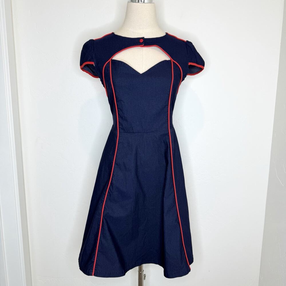 Sourpuss Retro Pinup Blue Denim Cutout Dress Womens XL Red Piping Cap Sleeves